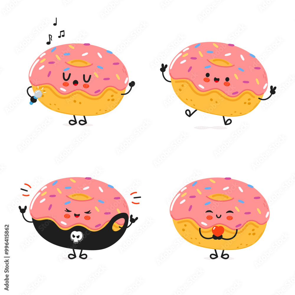 Funny Doughnut characters bundle set. Vector hand drawn doodle style cartoon character illustration icon design. Cute Doughnut mascot character collection Funny Doughnut characters bundle set. Vector hand drawn doodle style cartoon character illustration icon design. Cute Doughnut mascot character collection
