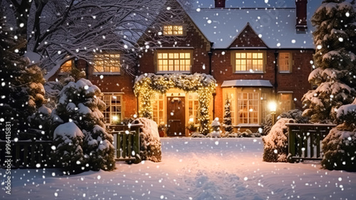 Christmas in the countryside manor, English country house mansion decorated for holidays on a snowy winter evening with snow and holiday lights, Merry Christmas and Happy Holidays design