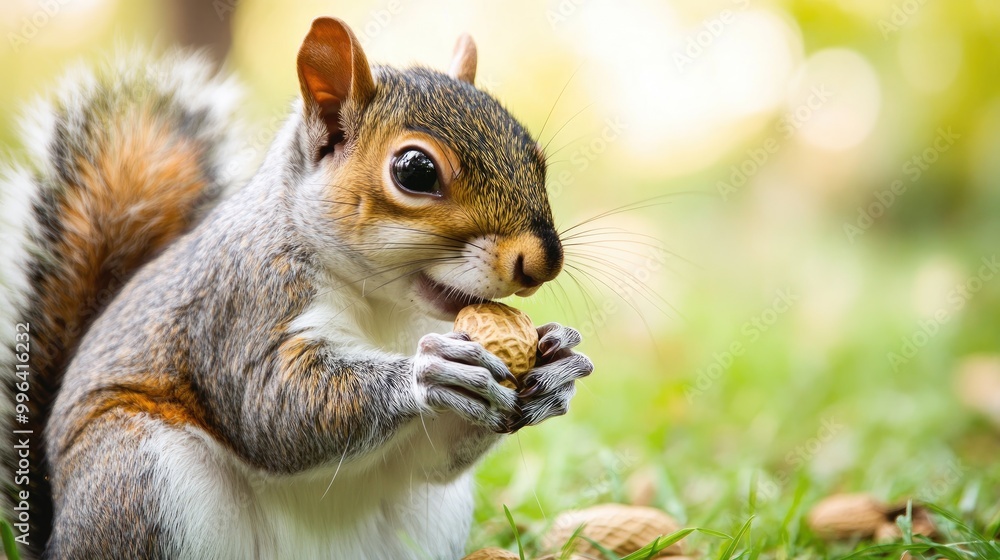 Fototapeta premium Squirrel enjoying a peanut snack in a close up view Space available for additional text