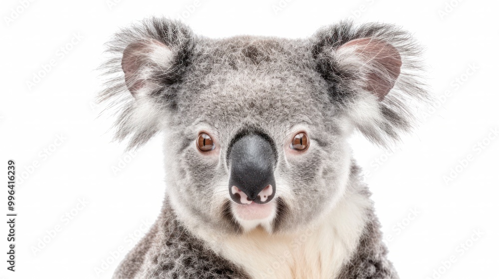 Fototapeta premium A close-up photo of a cute koala bear with big, round eyes and a fluffy fur coat