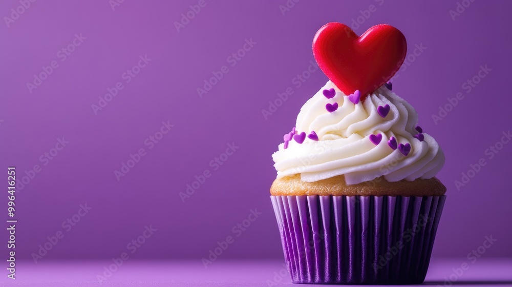 Vanilla cupcake adorned with tiny decorative hearts and a red heart topper placed in a violet baking cup set against a violet backdrop perfect for Valentine s Day with space for text