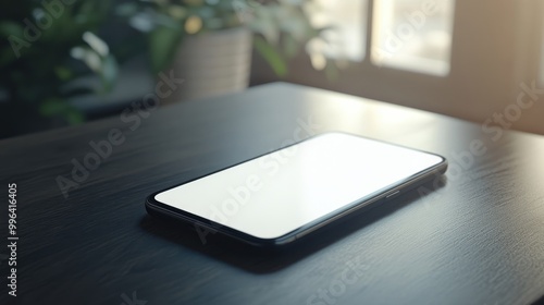 Smartphone resting on a table with a blank white screen