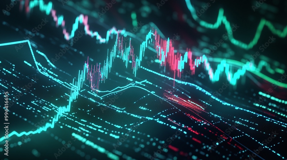 Dynamic digital stock market data visualization with glowing graphs and indicators on a dark background. Dynamic digital stock market data visualization with glowing graphs and indicators on a dark background.