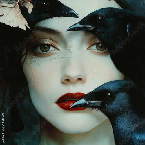 A mystical portrait featuring a woman with striking red lips, surrounded by crows, evoking themes of darkness and enchantment. photo