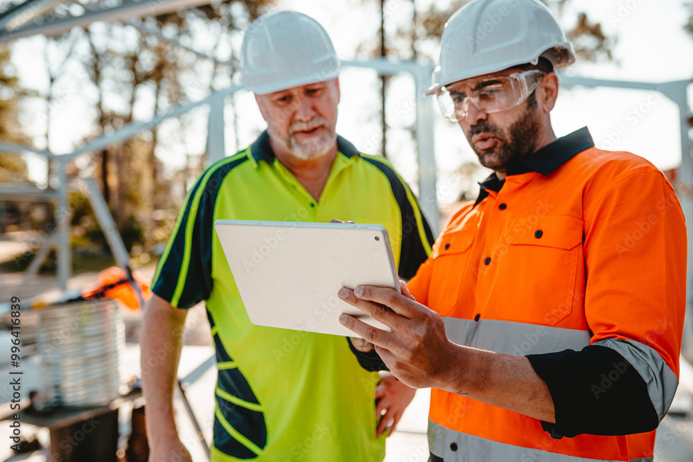 Two construction site managers looking at digital blueprints on tablet device Two construction site managers looking at digital blueprints on tablet device