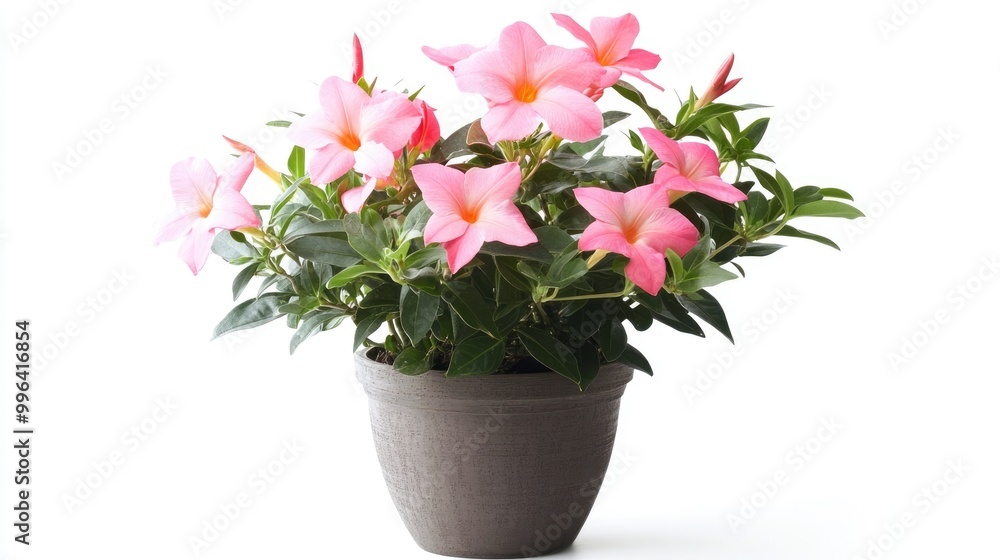 Mandevilla plant in a pot displayed from the front on a white background Mandevilla plant in a pot displayed from the front on a white background