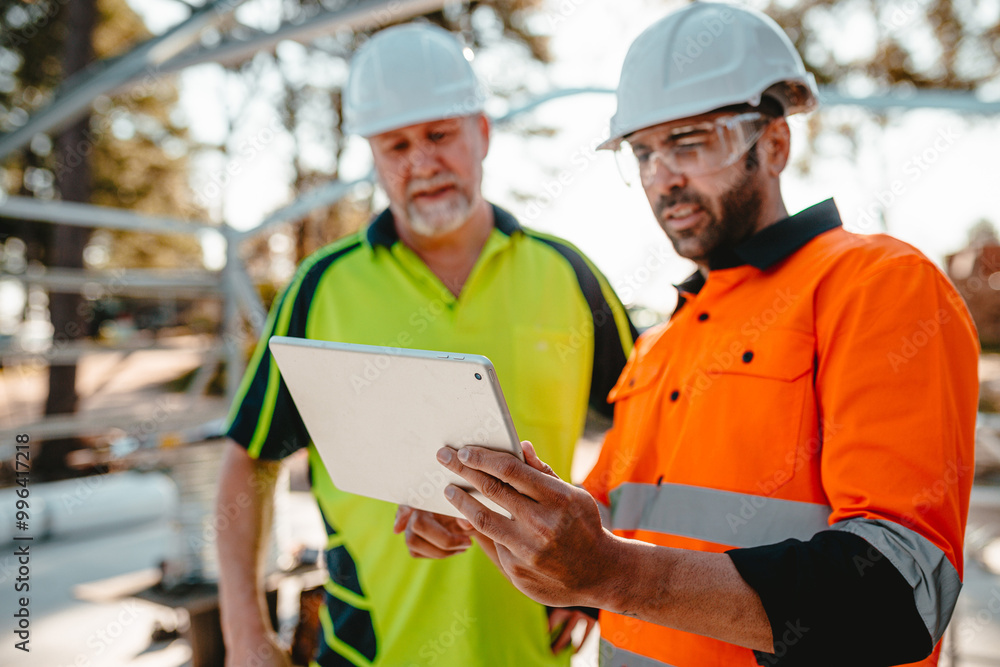 Two construction site managers looking at digital blueprints on tablet device Two construction site managers looking at digital blueprints on tablet device