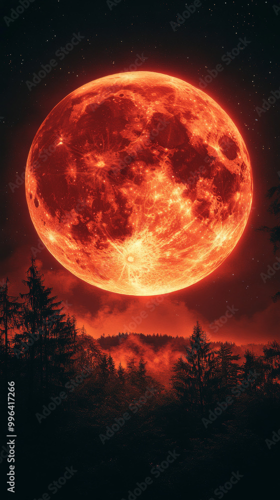 Blood red moon rising over a dark forest. Blood red moon rising over a dark forest.