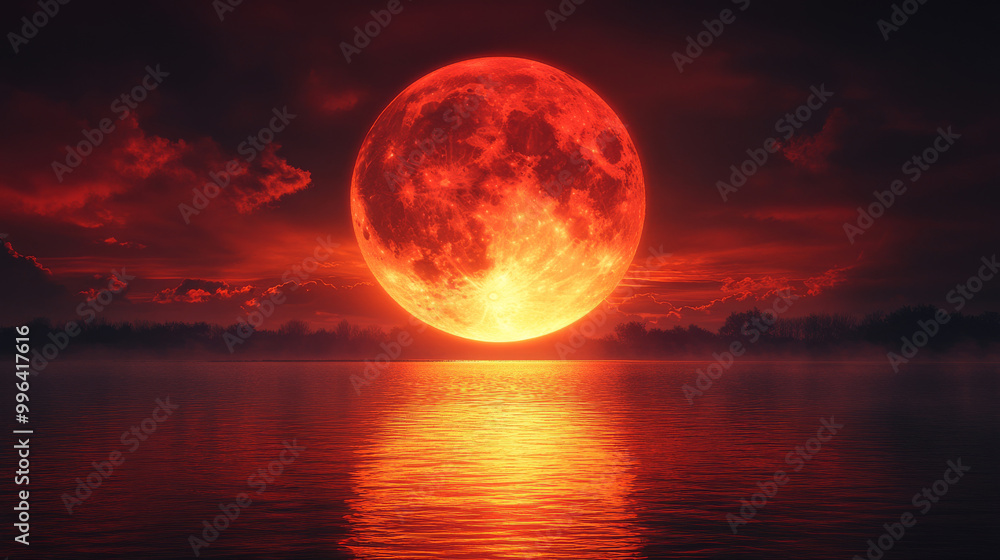 A large, full blood moon hangs low over a calm body of water, creating a dramatic and eerie scene. A large, full blood moon hangs low over a calm body of water, creating a dramatic and eerie scene.