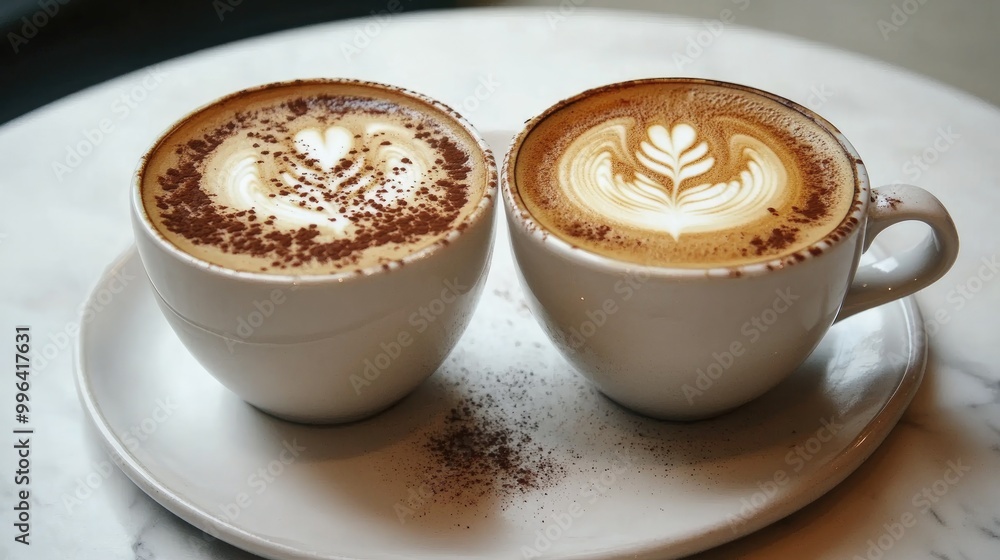 Cappuccino and Latte Served in a Cafe Setting Cappuccino and Latte Served in a Cafe Setting