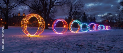 Colorful Light Circles Amidst Snowy Landscape at Dusk