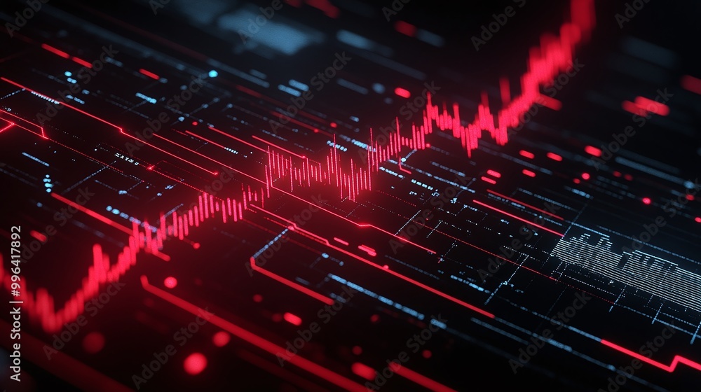 Dynamic digital visualization with red graph lines on a dark background, illustrating data flow and statistics. Dynamic digital visualization with red graph lines on a dark background, illustrating data flow and statistics.