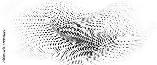 Flowing Wave Dot Halftone Pattern: Curve Gradient Shape on Transparent Background. Suitable for AI, Tech, Network, Digital, Science, and Technology Themes.