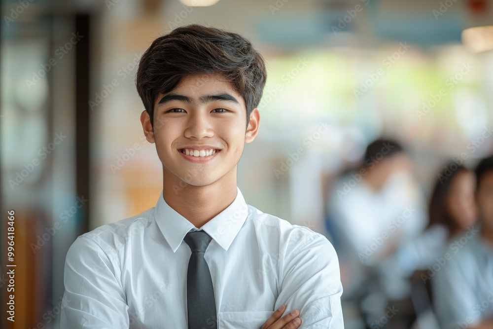 An asian teenager wearing his school uniform smiles in class An asian teenager wearing his school uniform smiles in class