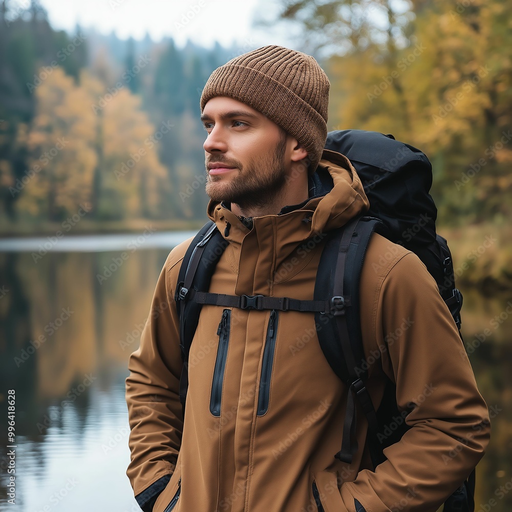 Man hiking in autumn forest by a peaceful lake Man hiking in autumn forest by a peaceful lake