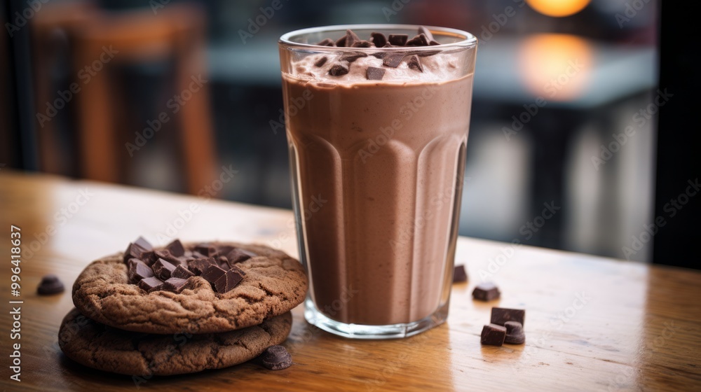 Chocolate protein drink in glass for nutrients and energy. Neural network ai generated art Chocolate protein drink in glass for nutrients and energy. Neural network ai generated art