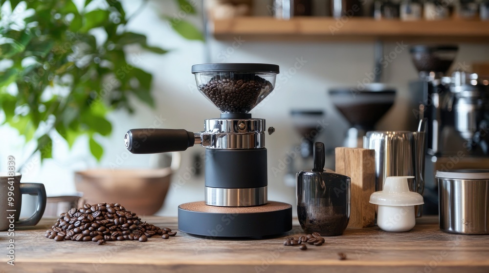 A rustic coffee grinder paired with a polished metal portafilter, surrounded by coffee beans and brewing accessories. A rustic coffee grinder paired with a polished metal portafilter, surrounded by coffee beans and brewing accessories.