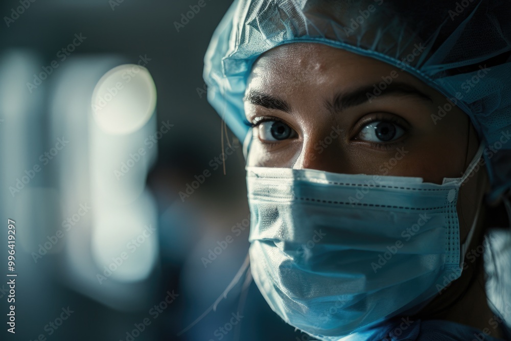A person wearing a surgical mask, ideal for medical or health-related uses A person wearing a surgical mask, ideal for medical or health-related uses