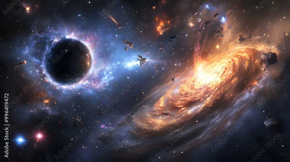 Obraz premium Massive black hole at the center of a swirling galaxy, stars and cosmic debris being pulled into its gravitational abyss, symbolizing destruction and the end of worlds.