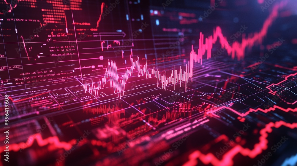 Dynamic financial data visualizations with red and black charts and graphs, showcasing market trends and analysis. Dynamic financial data visualizations with red and black charts and graphs, showcasing market trends and analysis.