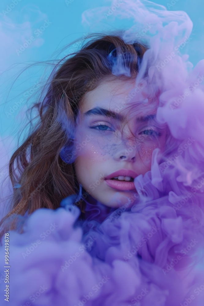 A woman surrounded by purple smoke, highlighting her striking blue eyes A woman surrounded by purple smoke, highlighting her striking blue eyes