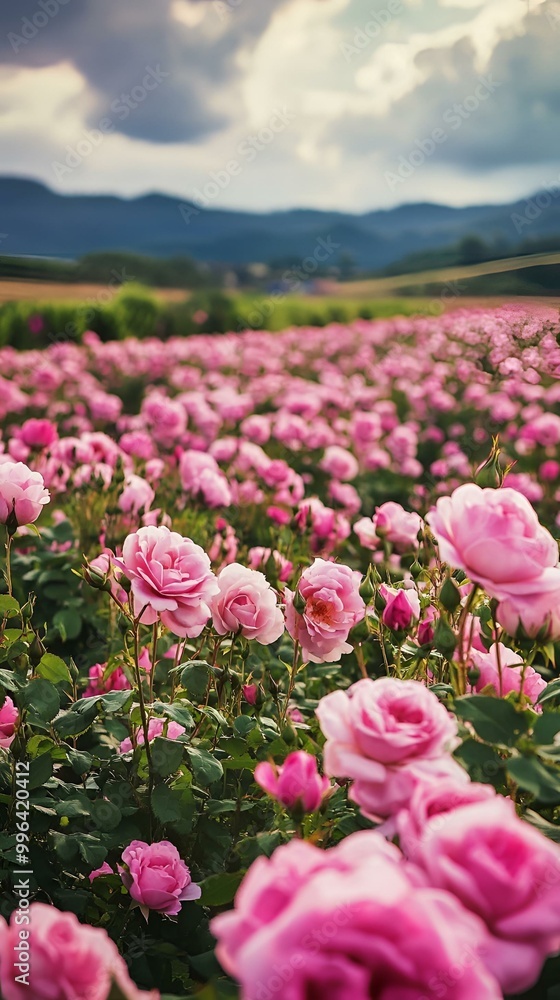 Obraz premium Expansive Pink Rose Garden Under Cloudy Sky – Blossoming Floral Landscape with Hills in Background.