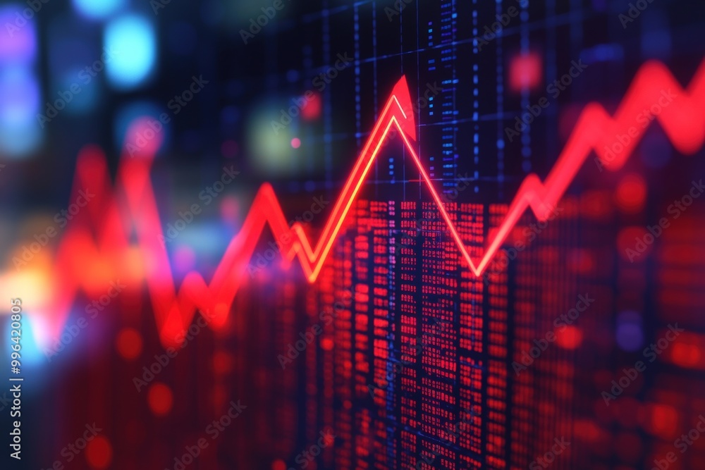 Red line graph showing a rise on a dark background with code and blurred lights. Red line graph showing a rise on a dark background with code and blurred lights.