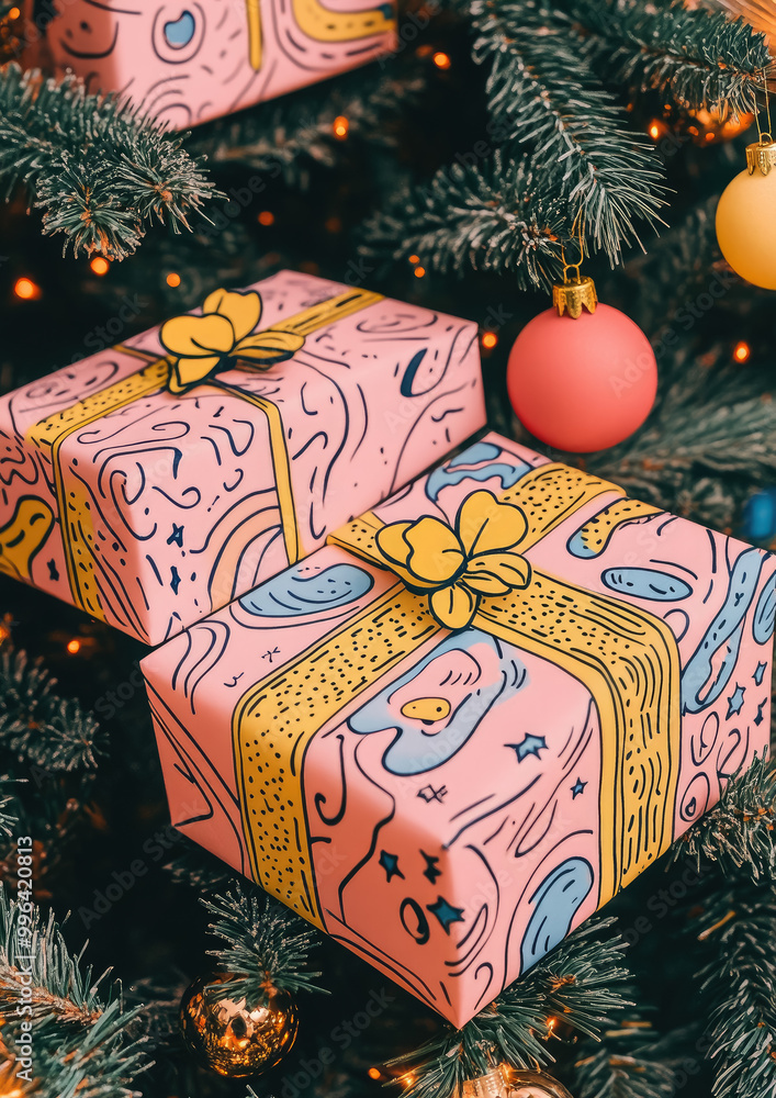 stylish pink gift boxes near the Christmas tree, Christmas tree toys, decorations, festive background, place for text, new year, Christmas Eve, holiday, celebration, Xmas, wrapping paper, ornament stylish pink gift boxes near the Christmas tree, Christmas tree toys, decorations, festive background, place for text, new year, Christmas Eve, holiday, celebration, Xmas, wrapping paper, ornament