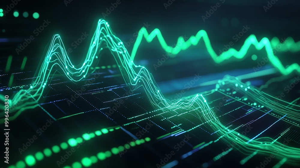 Dynamic green data visualization with abstract wave forms representing analytics and trends. Dynamic green data visualization with abstract wave forms representing analytics and trends.