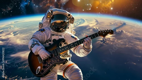 An astronaut plays an electric guitar in space, with Earth and the stars in the background