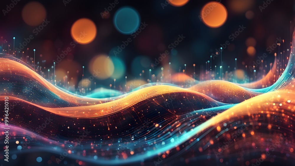 Abstract digital waves with glowing particles and bokeh lights in warm orange, blue and pink colors on a dark background. Abstract digital waves with glowing particles and bokeh lights in warm orange, blue and pink colors on a dark background.