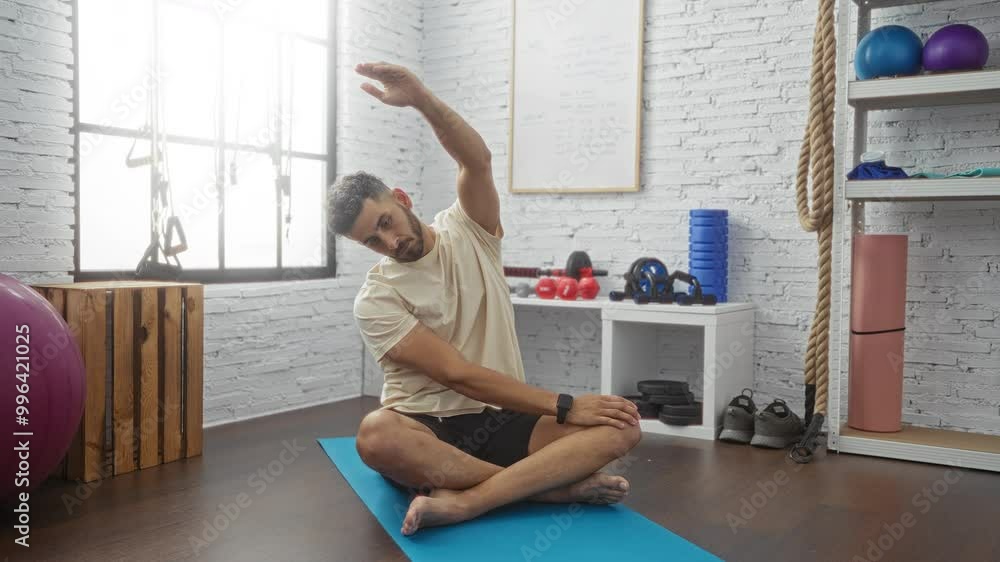 A young hispanic man performing stretching exercises on a yoga mat in a well-equipped indoor gym with various fitness equipment in the background. A young hispanic man performing stretching exercises on a yoga mat in a well-equipped indoor gym with various fitness equipment in the background.