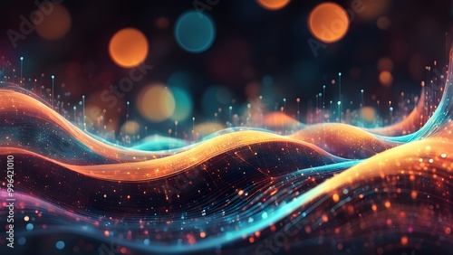 Abstract digital waves with glowing particles and bokeh lights in warm orange, blue and pink colors on a dark background.