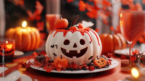 Halloween themed pumpkin, ghost cake recipes , flat design, 3D render, Triadic color scheme, spooky food and drinks