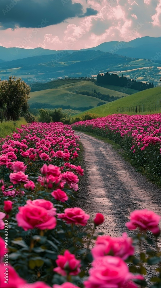 Obraz premium Breathtaking View of Pink Rose Blossoms Along Rustic Countryside Path in Rolling Hills Landscape.