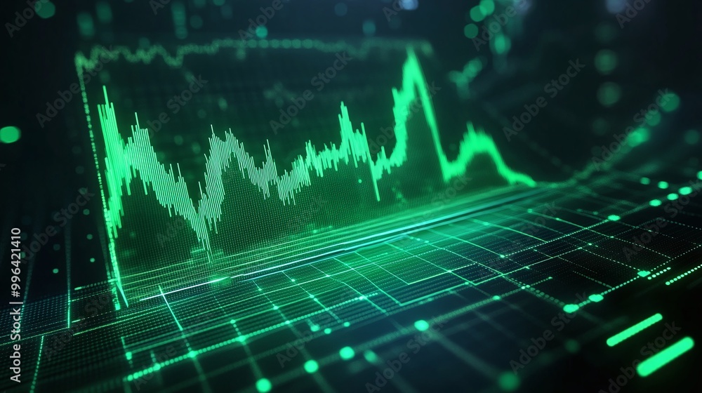 Dynamic green financial chart showcasing market trends on a digital interface. Dynamic green financial chart showcasing market trends on a digital interface.