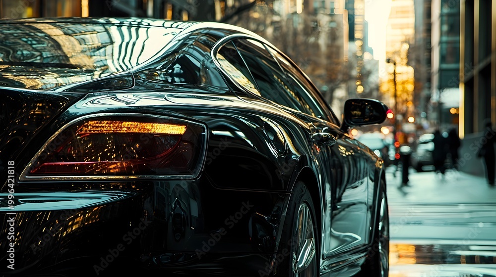 Luxury Car with Dark Tinted Windows Reflecting Surrounding Cityscape Luxury Car with Dark Tinted Windows Reflecting Surrounding Cityscape