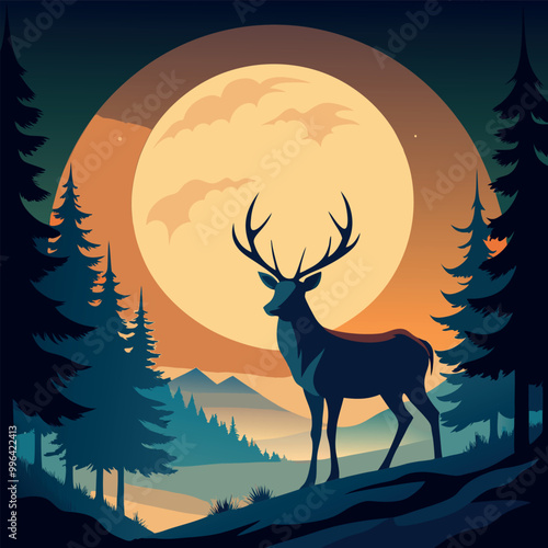 A deer with a full moon in the background vector art illustration
