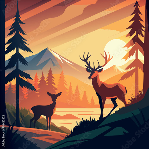 A deer with a full moon in the background vector art illustration
