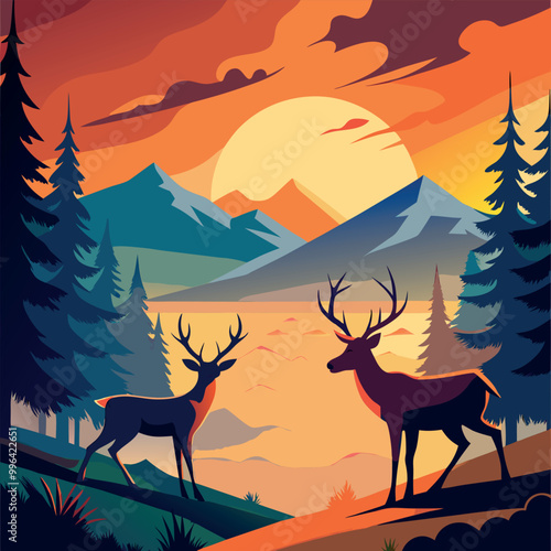 A deer with a full moon in the background vector art illustration
