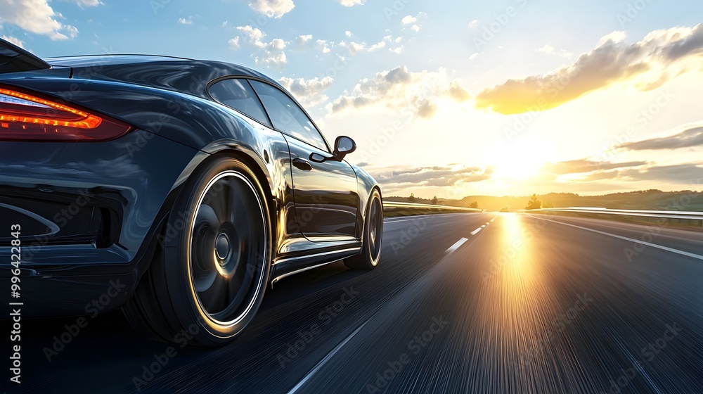Sleek and Powerful Sporty Vehicle Gliding on Open Highway With Metallic Tinted Windows Sleek and Powerful Sporty Vehicle Gliding on Open Highway With Metallic Tinted Windows