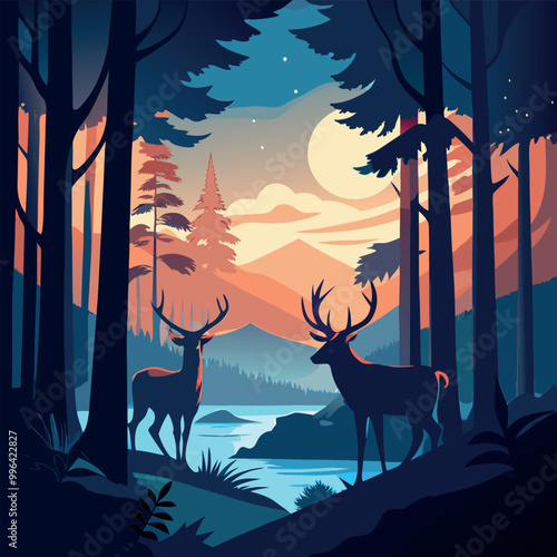 A deer with a full moon in the background vector art illustration
