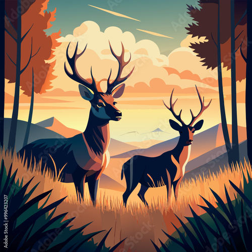 A deer with a full moon in the background vector art illustration
