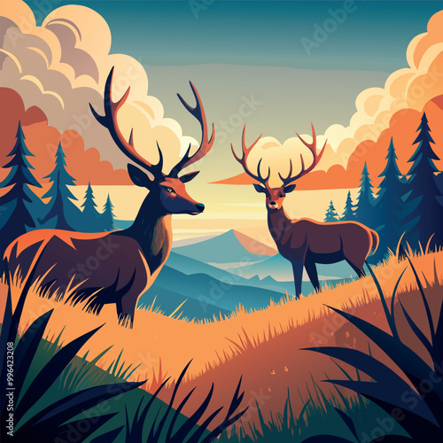 A deer with a full moon in the background vector art illustration

