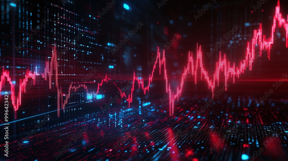 Dynamic red graph reflecting data trends on a futuristic digital background. Dynamic red graph reflecting data trends on a futuristic digital background.