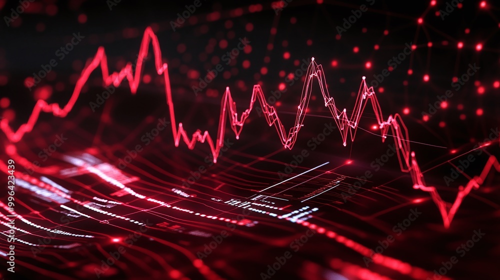 Fototapeta premium Dynamic red line graph representing data trends on a dark background.