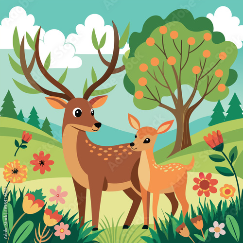 A deer with a full moon in the background vector art illustration
