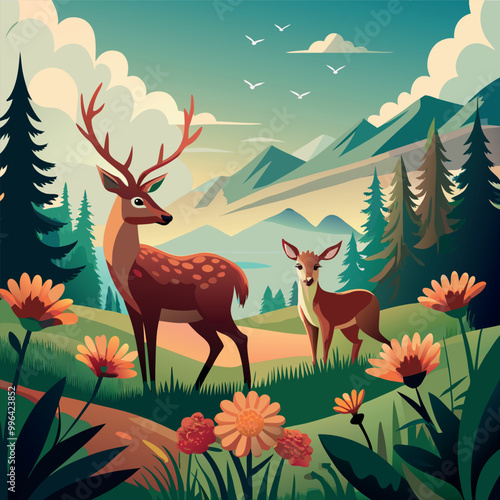 A deer with a full moon in the background vector art illustration
