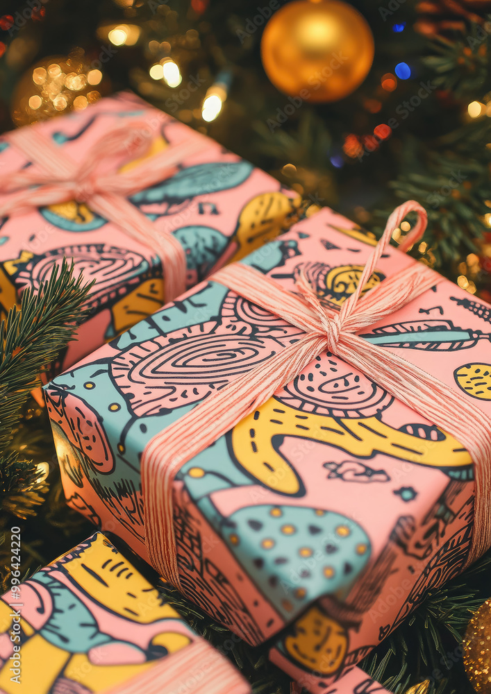 stylish pink gift boxes near the Christmas tree, Christmas tree toys, decorations, festive background, place for text, new year, Christmas Eve, holiday, celebration, Xmas, wrapping paper, ornament stylish pink gift boxes near the Christmas tree, Christmas tree toys, decorations, festive background, place for text, new year, Christmas Eve, holiday, celebration, Xmas, wrapping paper, ornament