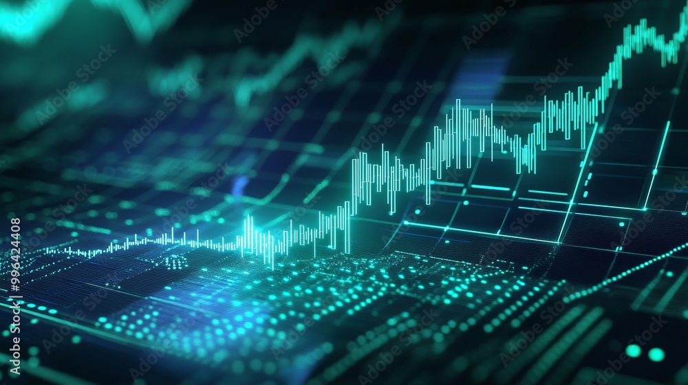 Dynamic stock market data visualization with green and blue lines on a digital interface, reflecting market trends and analysis. Dynamic stock market data visualization with green and blue lines on a digital interface, reflecting market trends and analysis.